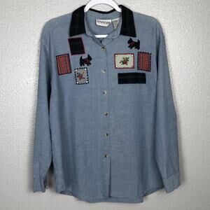 DonnKenny Classics Size Large Denim Plaid Scottie Dog Long Sleeve Button Down